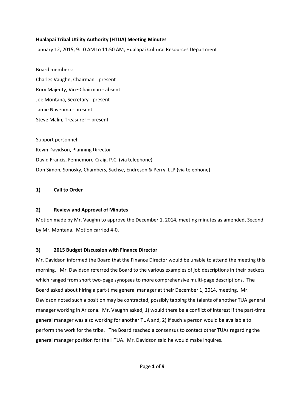 (HTUA) Meeting Minutes January 12, 2015, 9:10 AM to 11:50 AM, Hualapai Cultural Resources Department