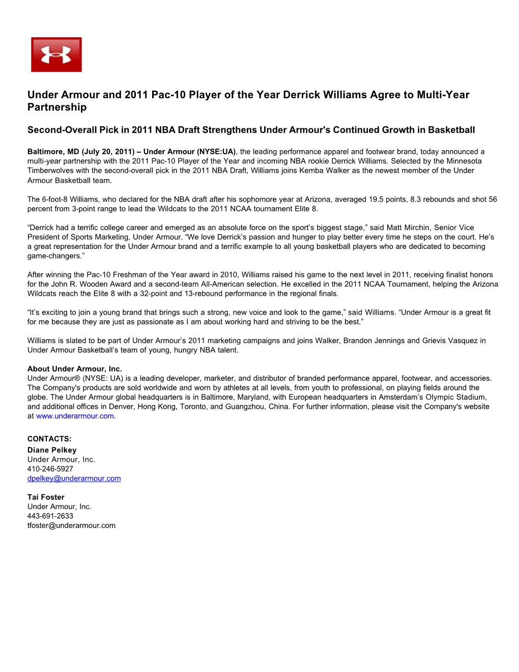 Under Armour and 2011 Pac-10 Player of the Year Derrick Williams Agree to Multi-Year Partnership