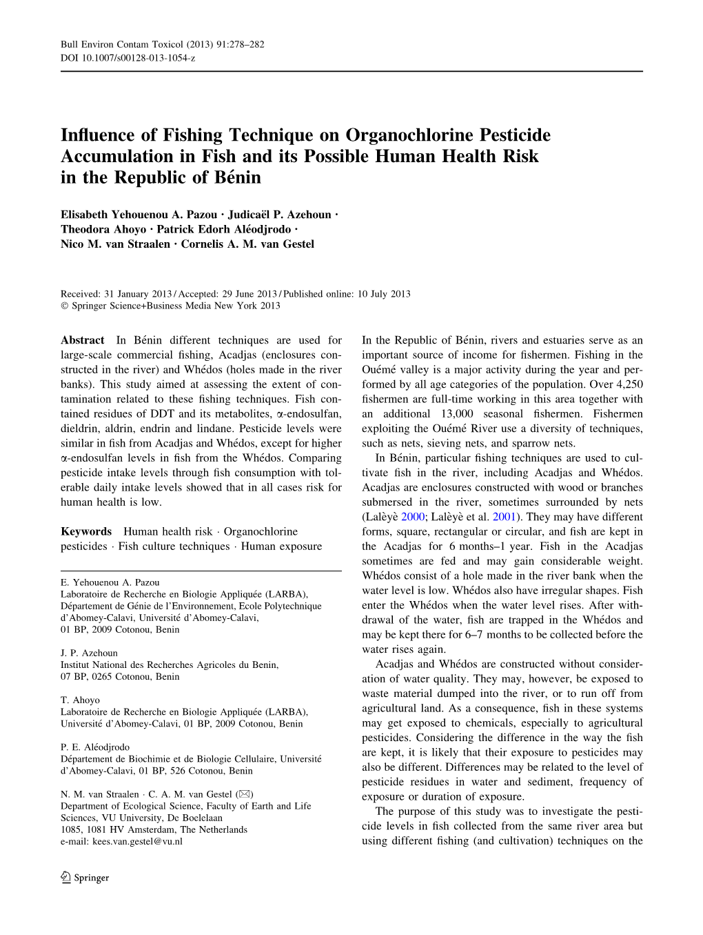 Influence of Fishing Technique on Organochlorine Pesticide