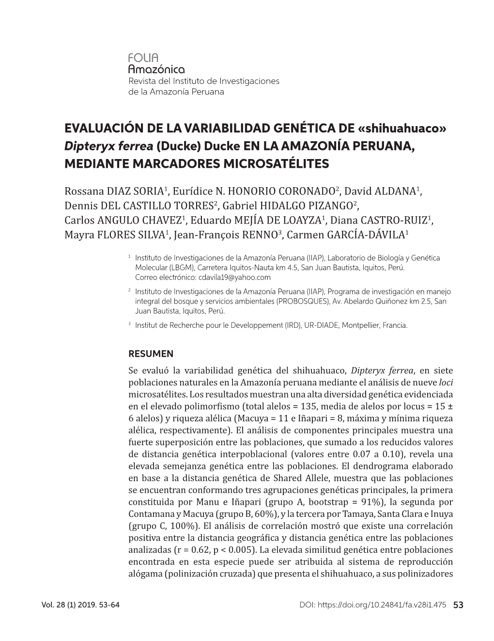 Shihuahuaco» Dipteryx Ferrea (Ducke) Ducke EN LA AMAZONÍA PERUANA, MEDIANTE MARCADORES MICROSATÉLITES