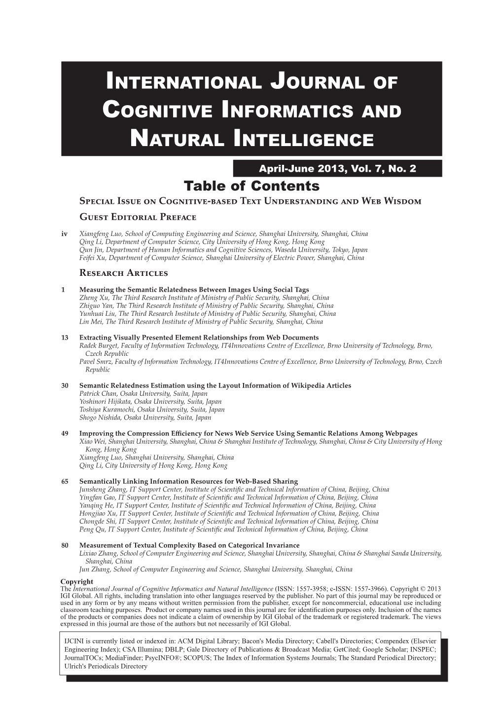 International Journal of Cognitive Informatics and Natural Intelligence