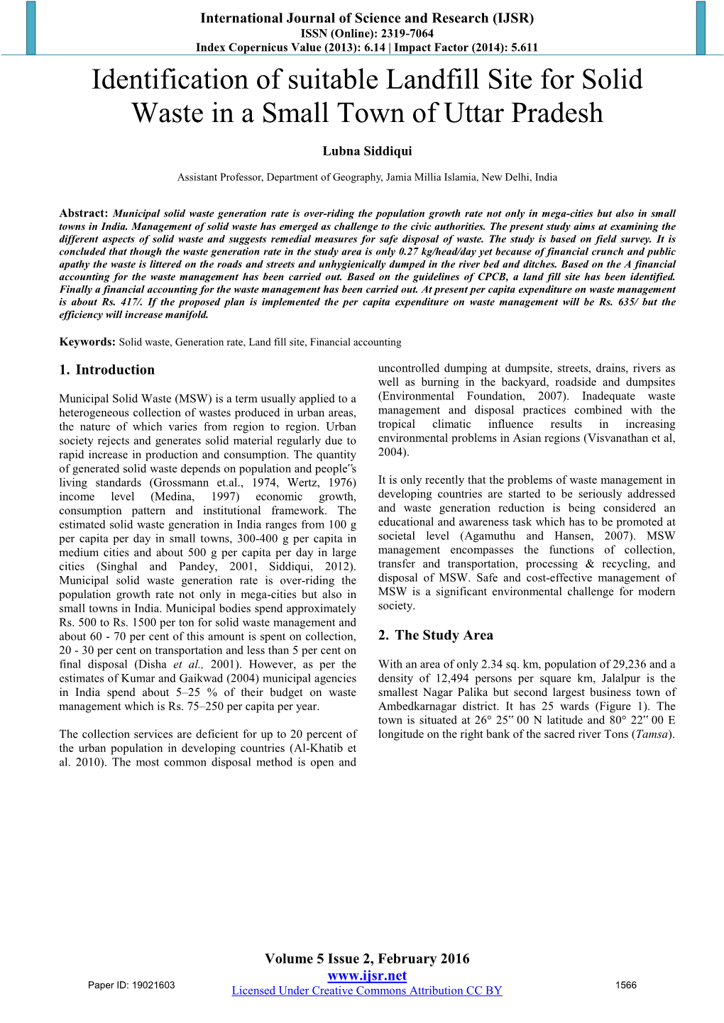 Identification of Suitable Landfill Site for Solid Waste in a Small Town of Uttar Pradesh