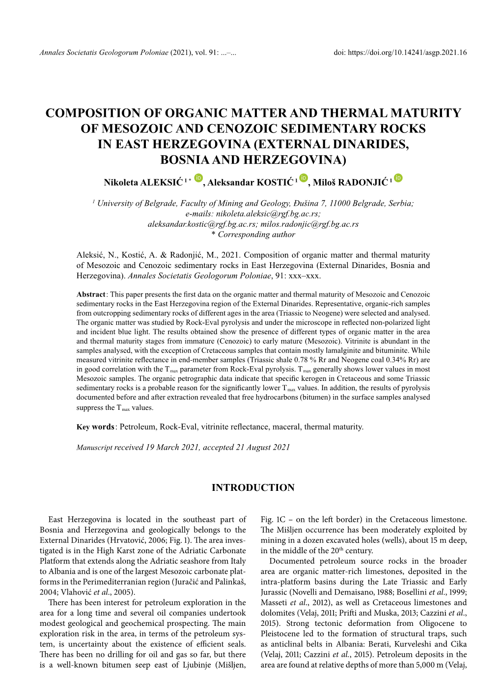 Composition of Organic Matter and Thermal Maturity of Mesozoic and Cenozoic Sedimentary Rocks in East Herzegovina (External Dinarides, Bosnia and Herzegovina)