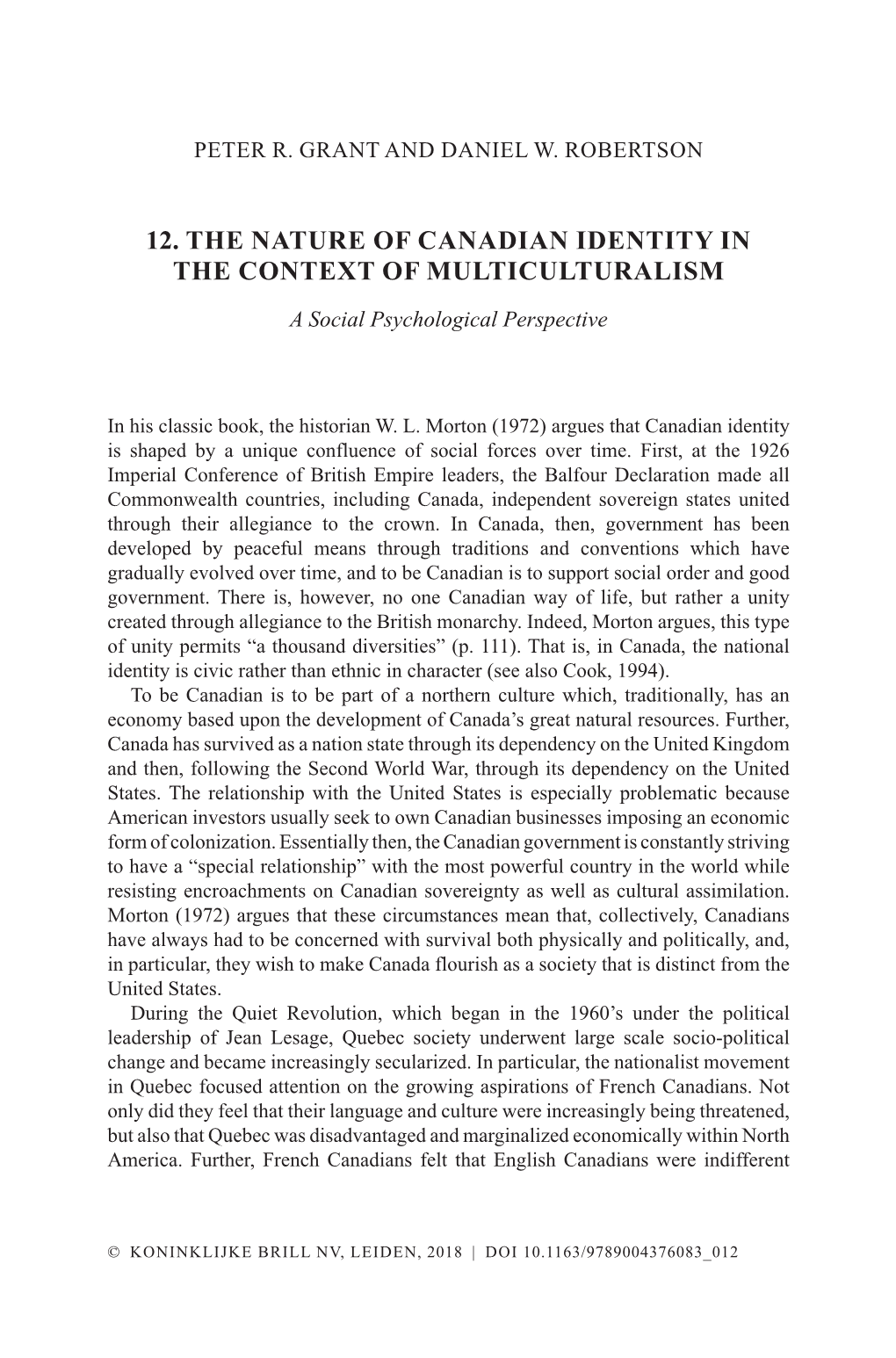 12. the Nature of Canadian Identity in the Context of Multiculturalism