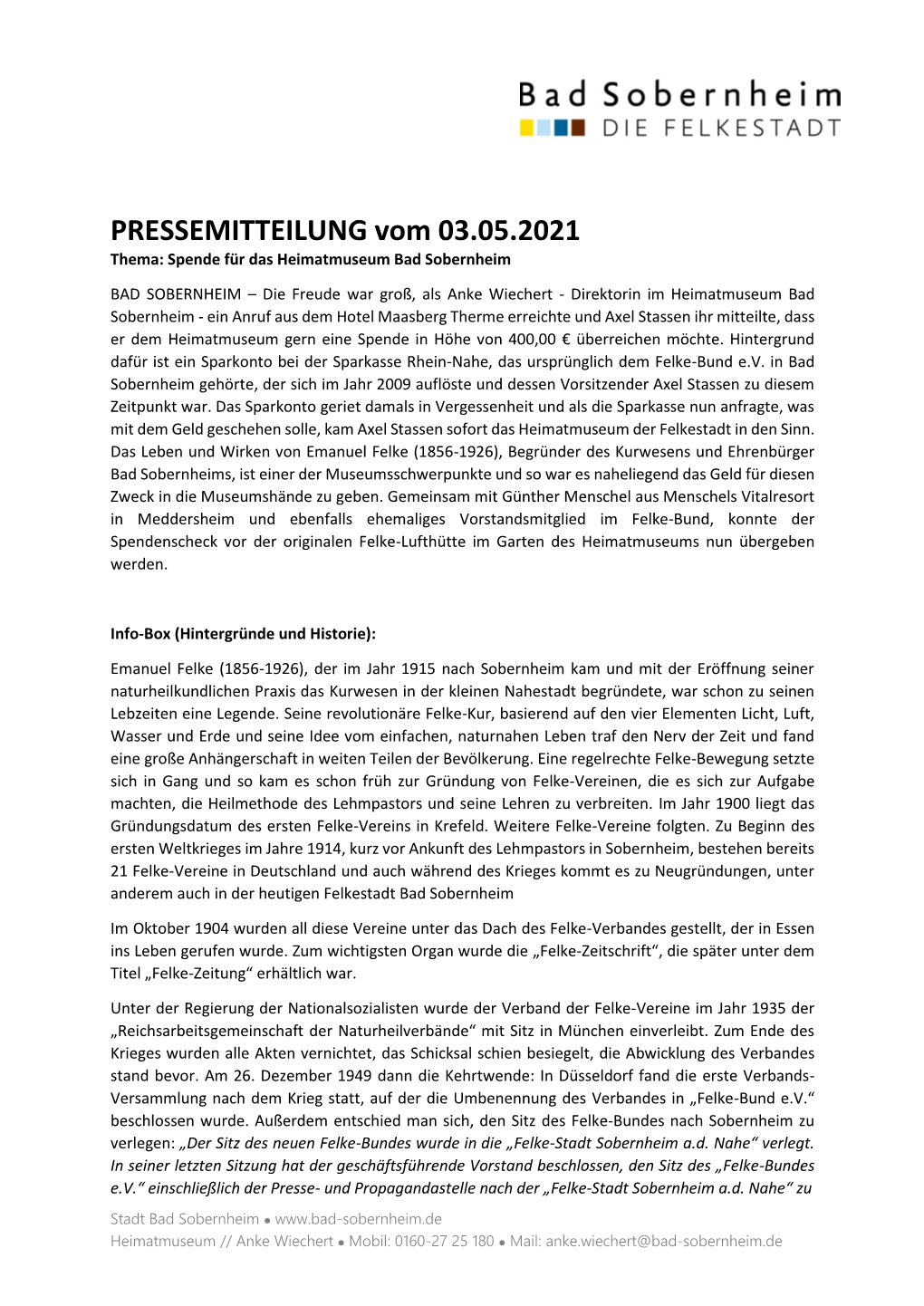 Felke in Bad Sobernheim PRESSEMITTEILUNG Vom 03.05