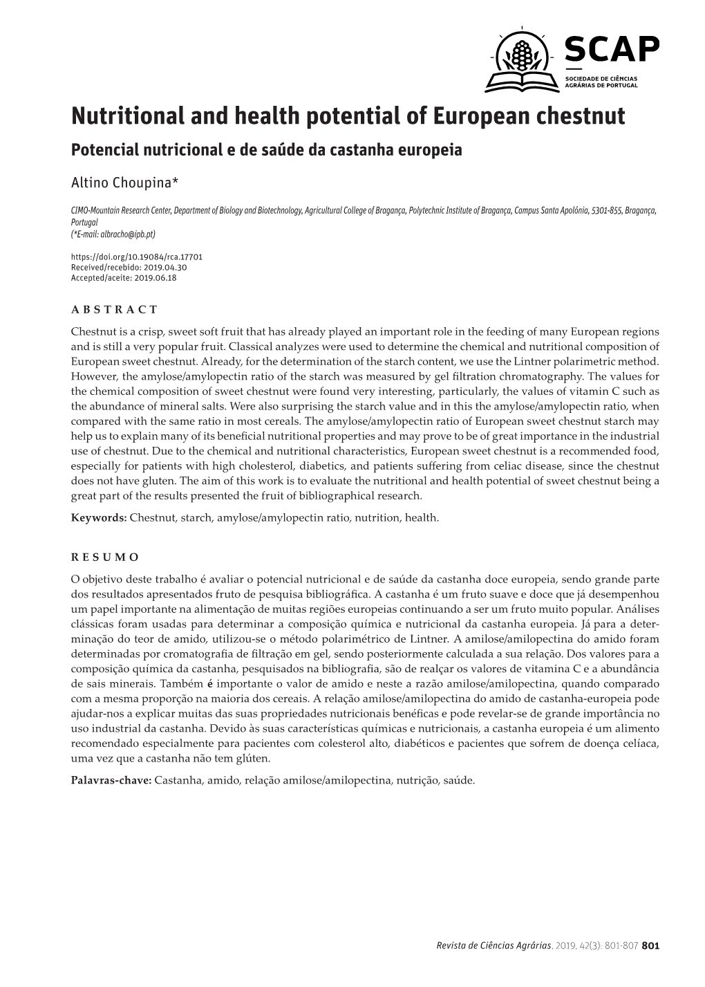 Nutritional and Health Potential of European Chestnut Potencial Nutricional E De Saúde Da Castanha Europeia