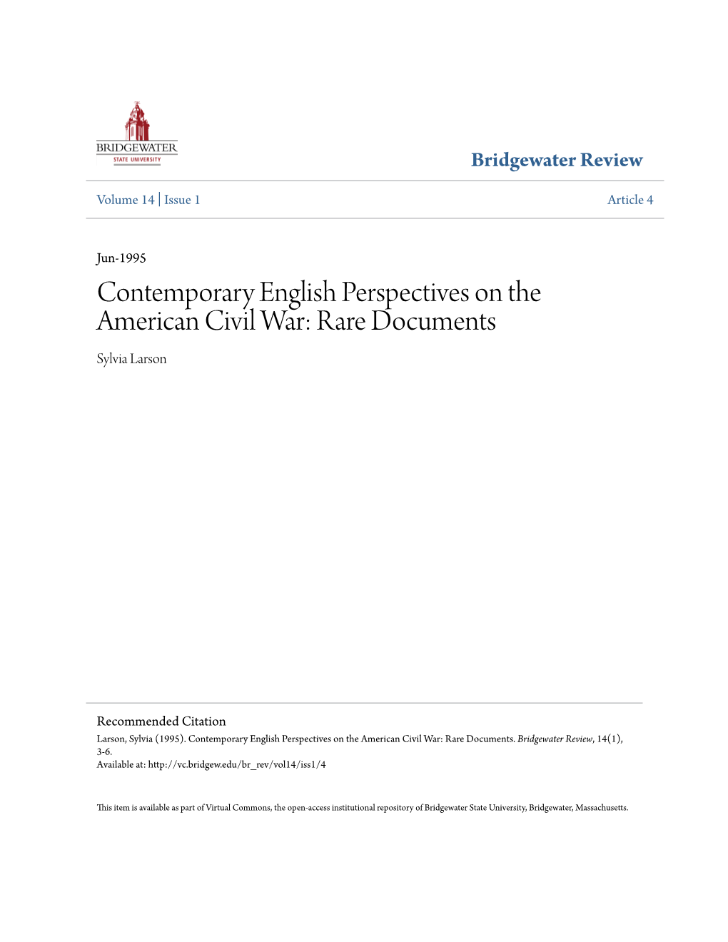 Contemporary English Perspectives on the American Civil War: Rare Documents Sylvia Larson