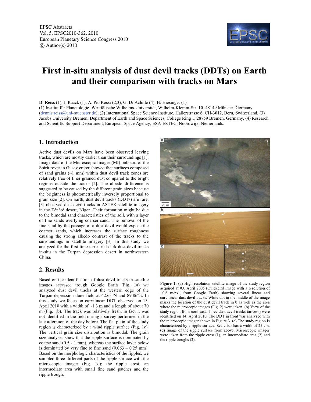 First In-Situ Analysis of Dust Devil Tracks (Ddts) on Earth and Their Comparison with Tracks on Mars