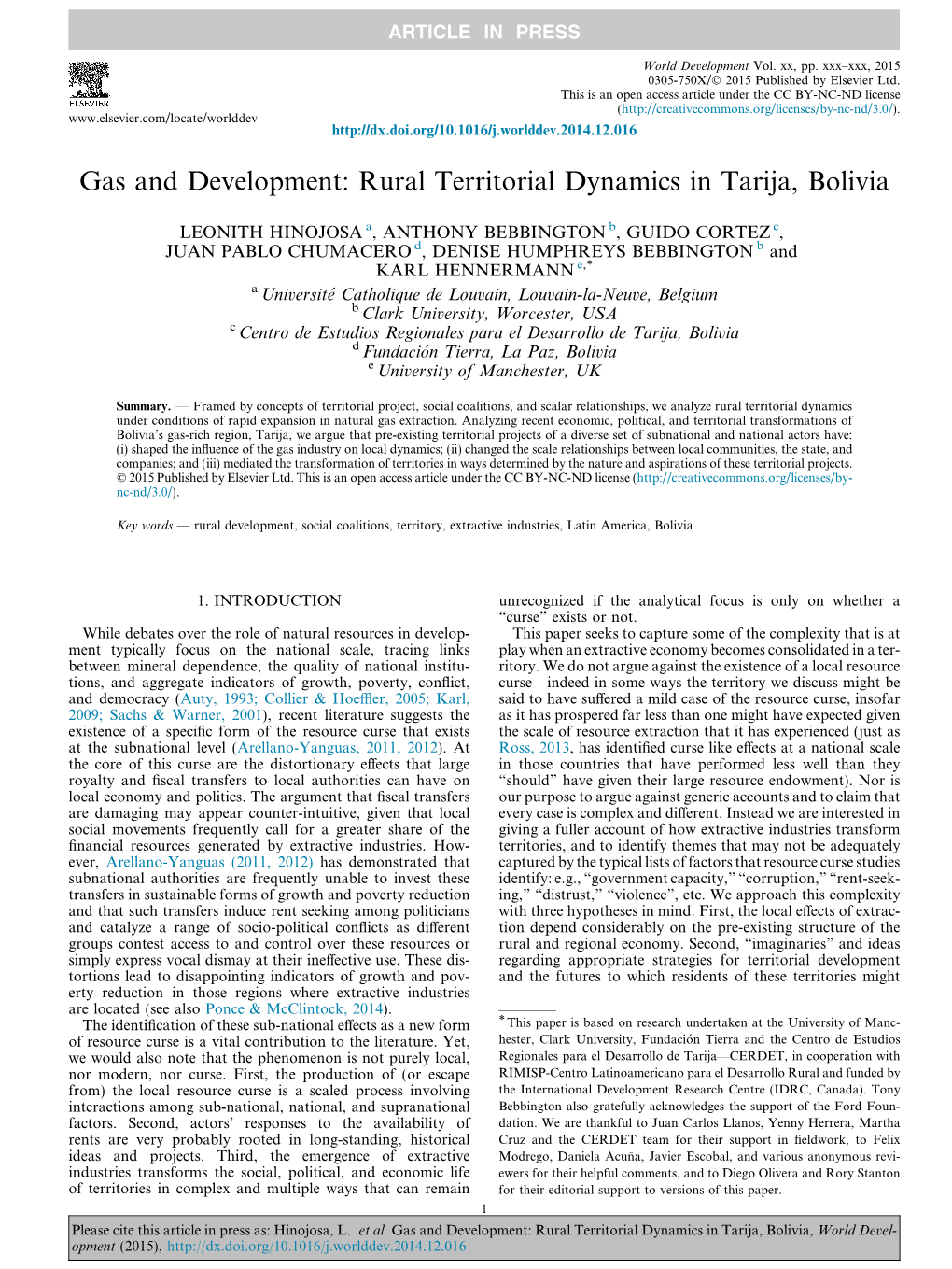 Gas and Development: Rural Territorial Dynamics in Tarija, Bolivia