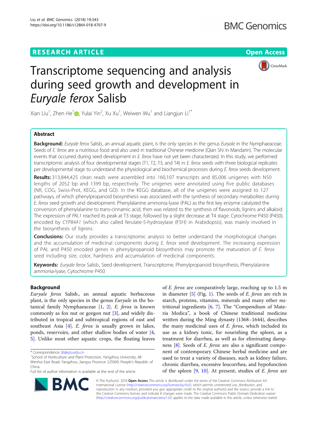 Transcriptome Sequencing and Analysis During Seed Growth and Development in Euryale Ferox Salisb Xian Liu1, Zhen He1 , Yulai Yin2,Xuxu1, Weiwen Wu1 and Liangjun Li1*