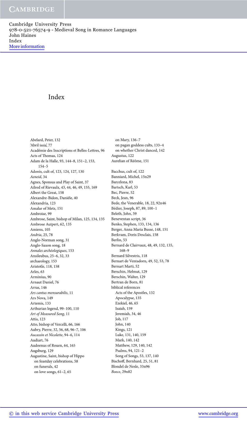 Cambridge University Press 978-0-521-76574-9 - Medieval Song in Romance Languages John Haines Index More Information