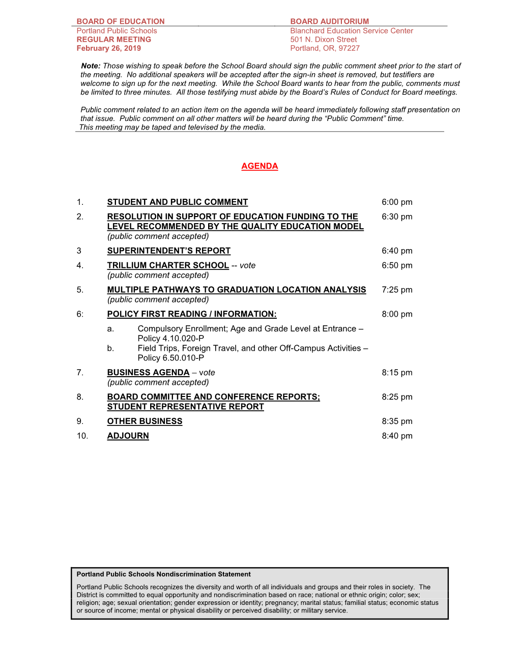 AGENDA 1. STUDENT and PUBLIC COMMENT 6:00 Pm 2