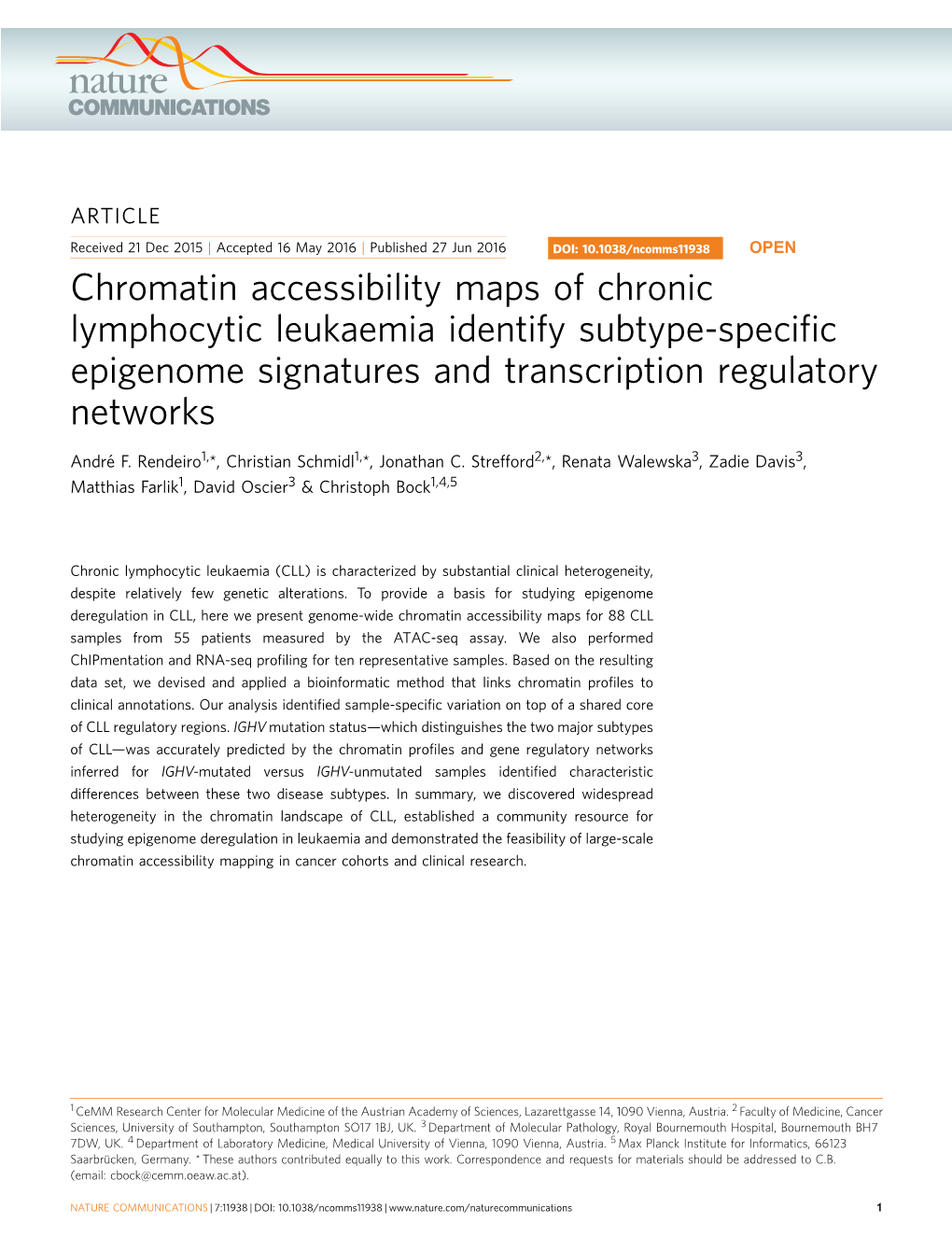 Chromatin Accessibility Maps of Chronic Lymphocytic Leukaemia Identify Subtype-Speciﬁc Epigenome Signatures and Transcription Regulatory Networks