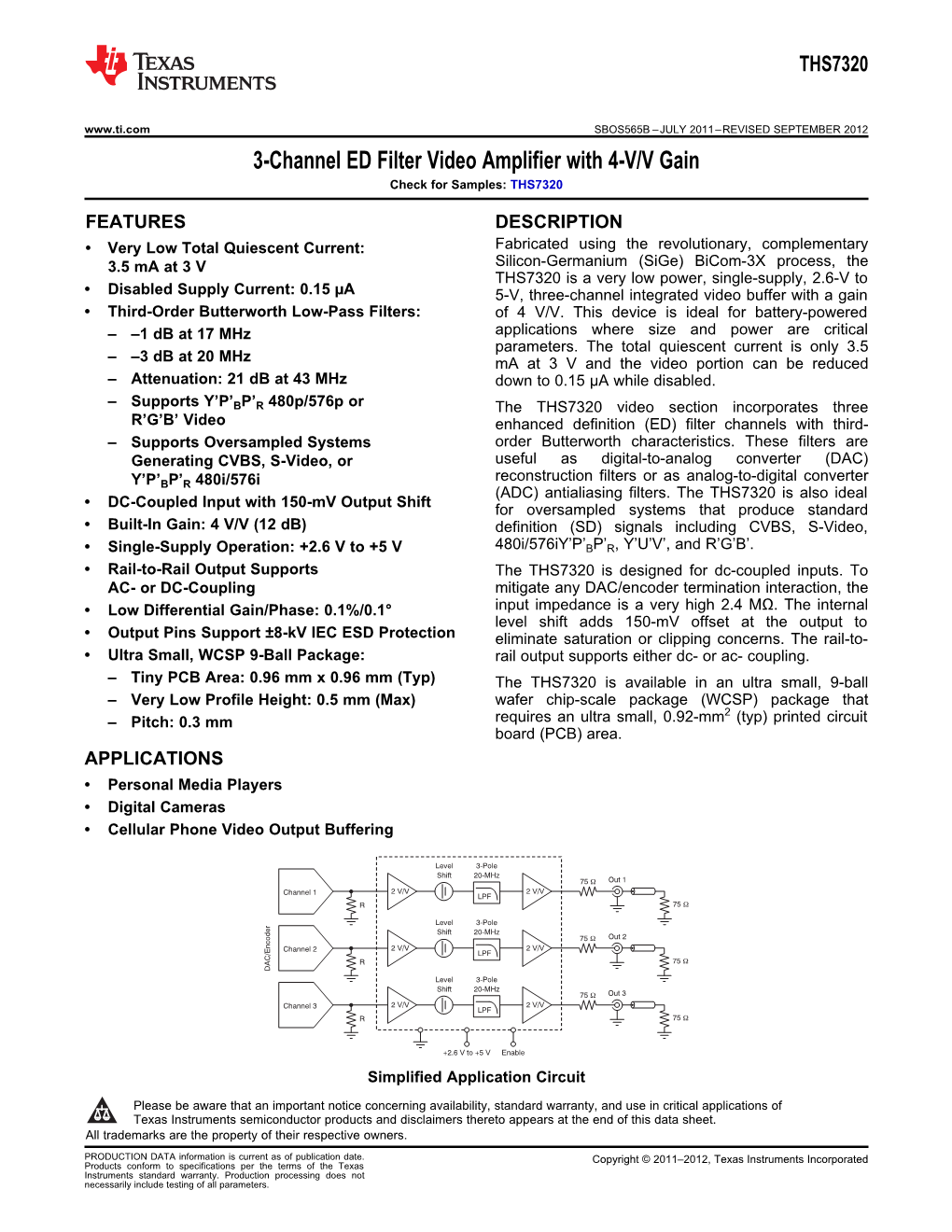 3-Channel ED Filter Video Amplifier with 4-V/V Gain Datasheet