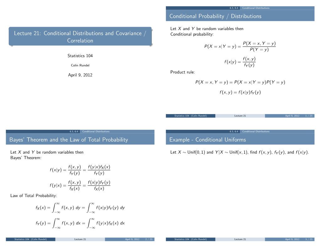 Lecture 21: Conditional Distributions and Covariance / Correlation