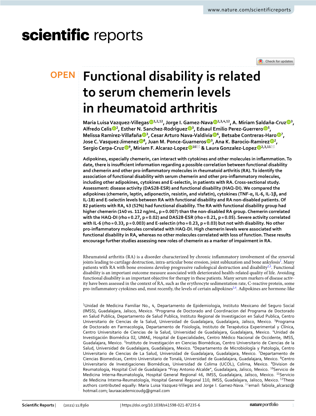 Functional Disability Is Related to Serum Chemerin Levels in Rheumatoid Arthritis Maria Luisa Vazquez‑Villegas 1,2,12, Jorge I