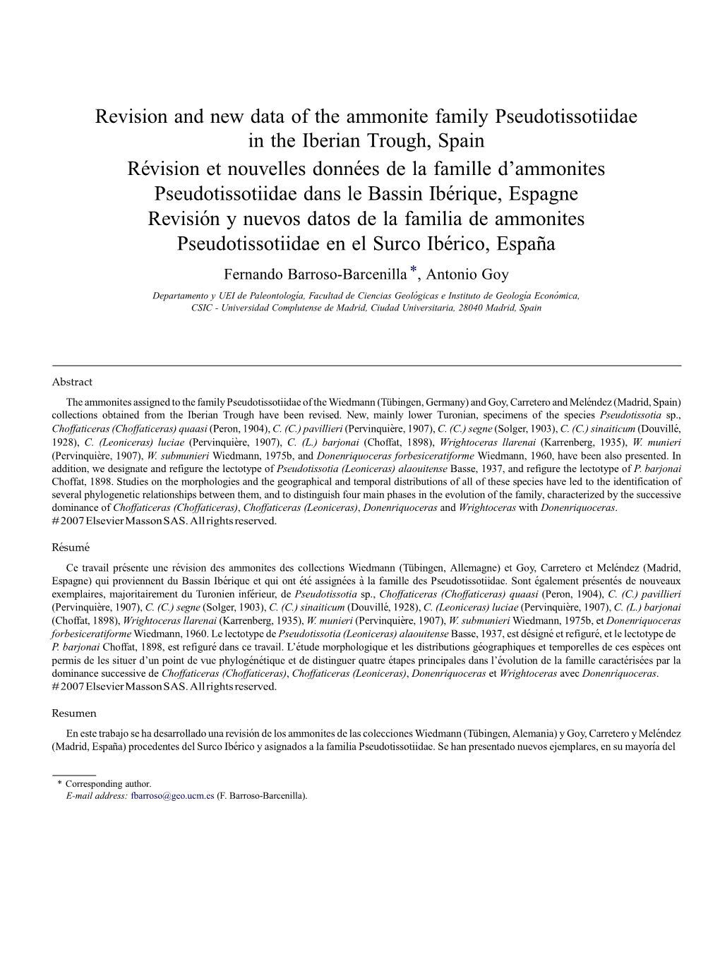 Revision and New Data of the Ammonite Family Pseudotissotiidae