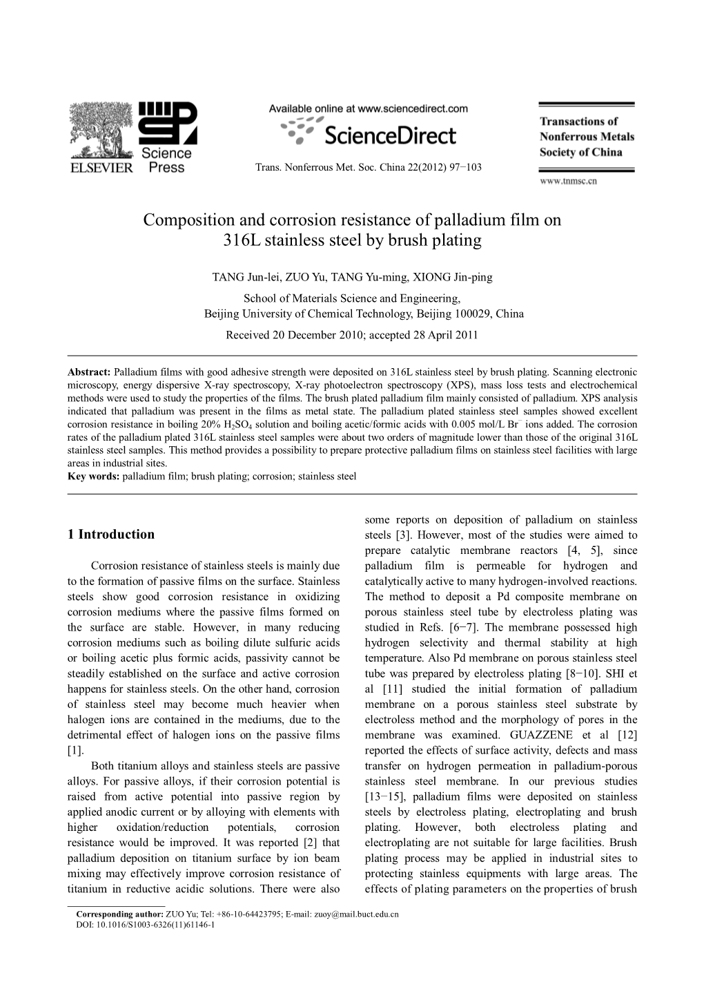 Composition and Corrosion Resistance of Palladium Film on 316L Stainless Steel by Brush Plating