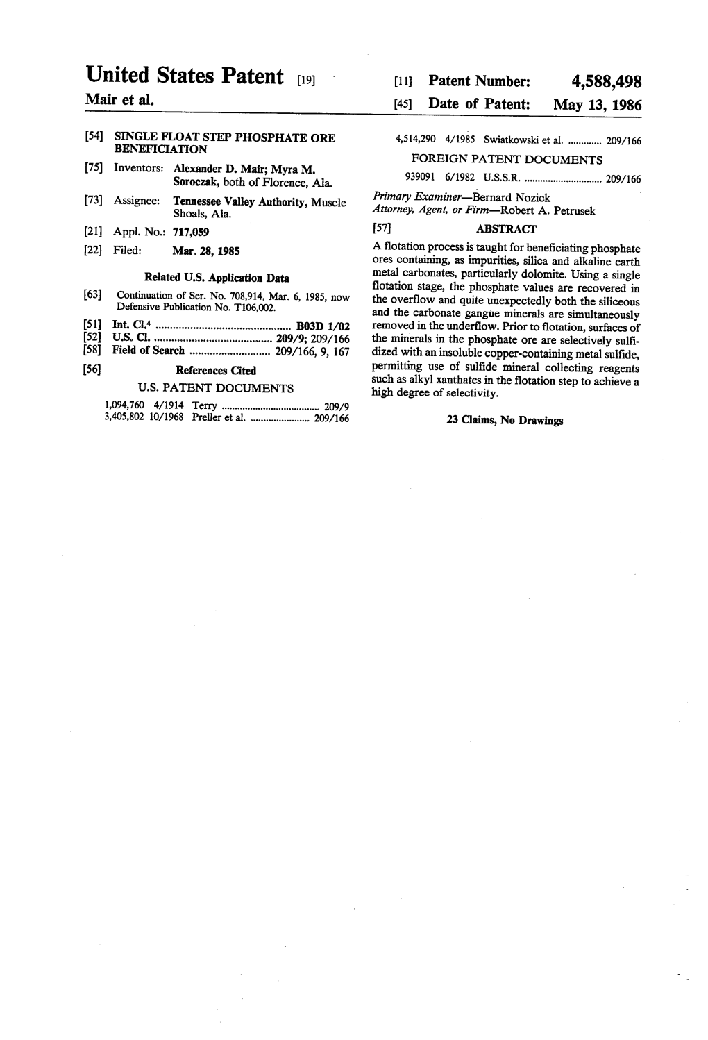 United States Patent (19) 11 Patent Number: 4,588,498 Mair Et Al