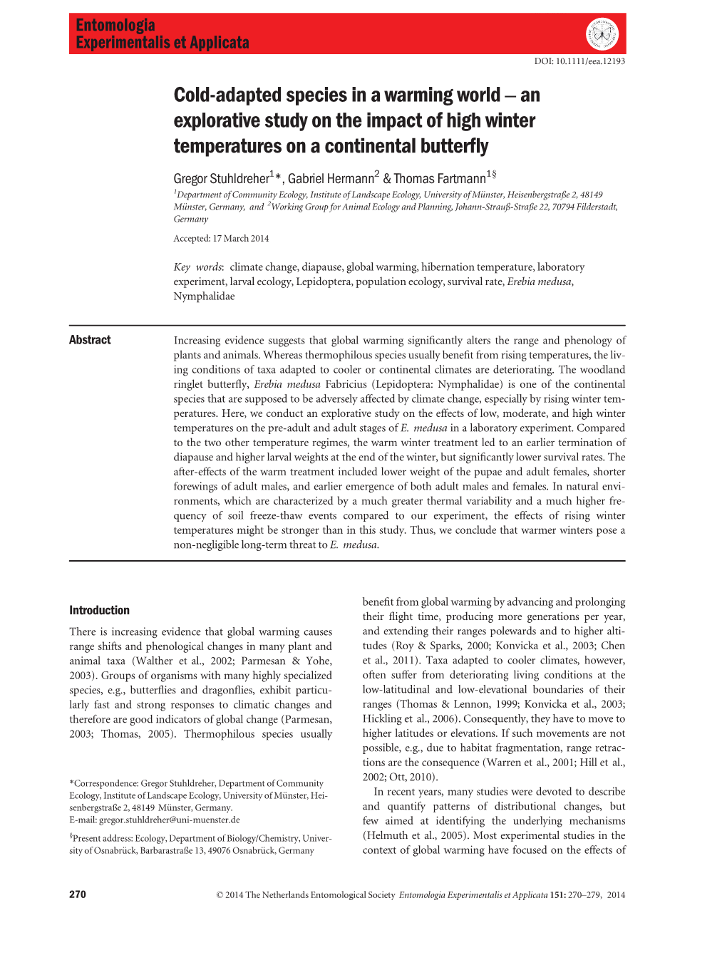 An Explorative Study on the Impact of High Winter Temperatures on a Continental Butterﬂy