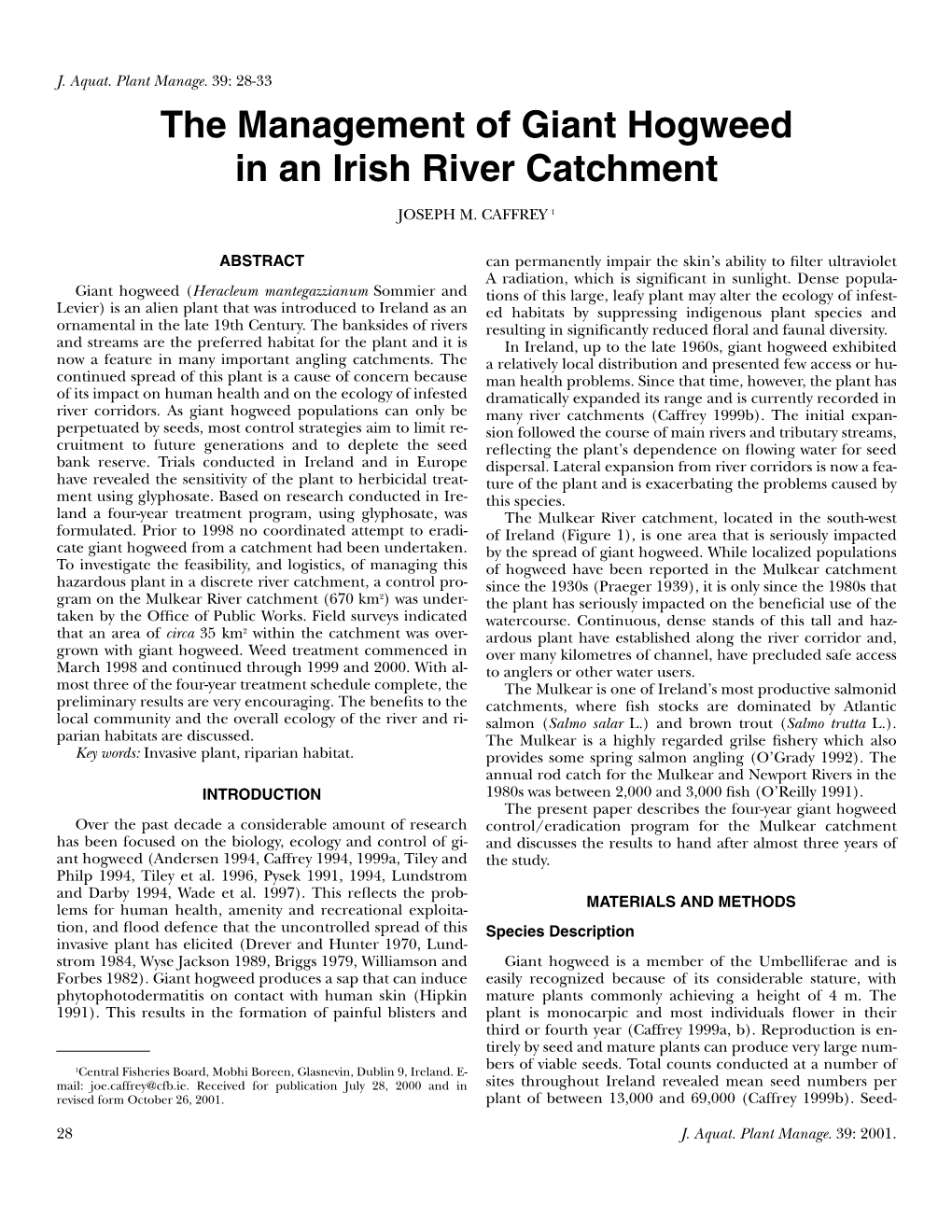 The Management of Giant Hogweed in an Irish River Catchment