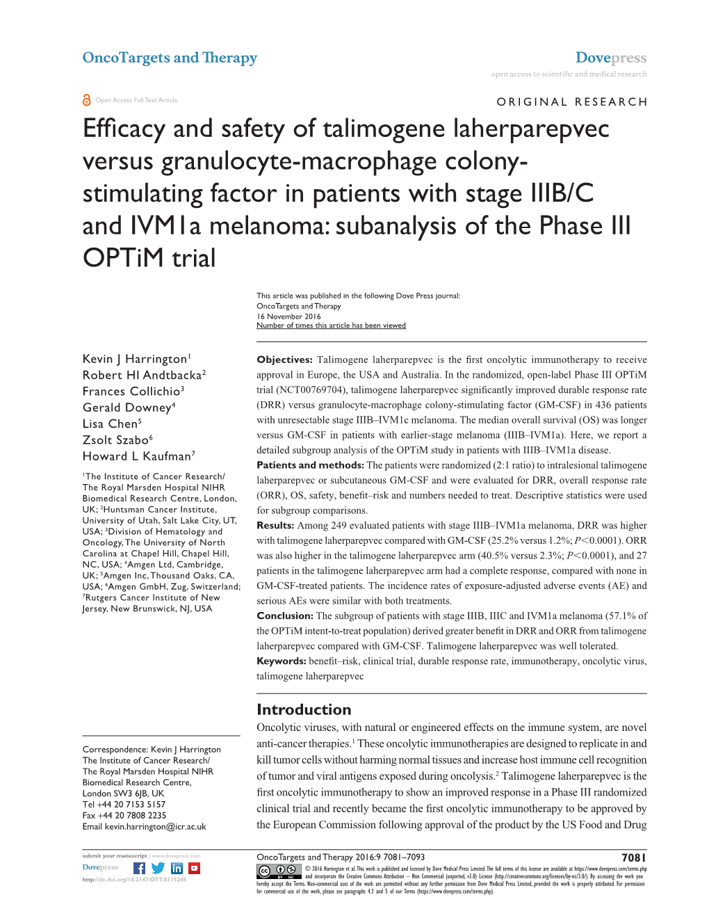 Efficacy and Safety of Talimogene Laherparepvec Versus Granulocyte