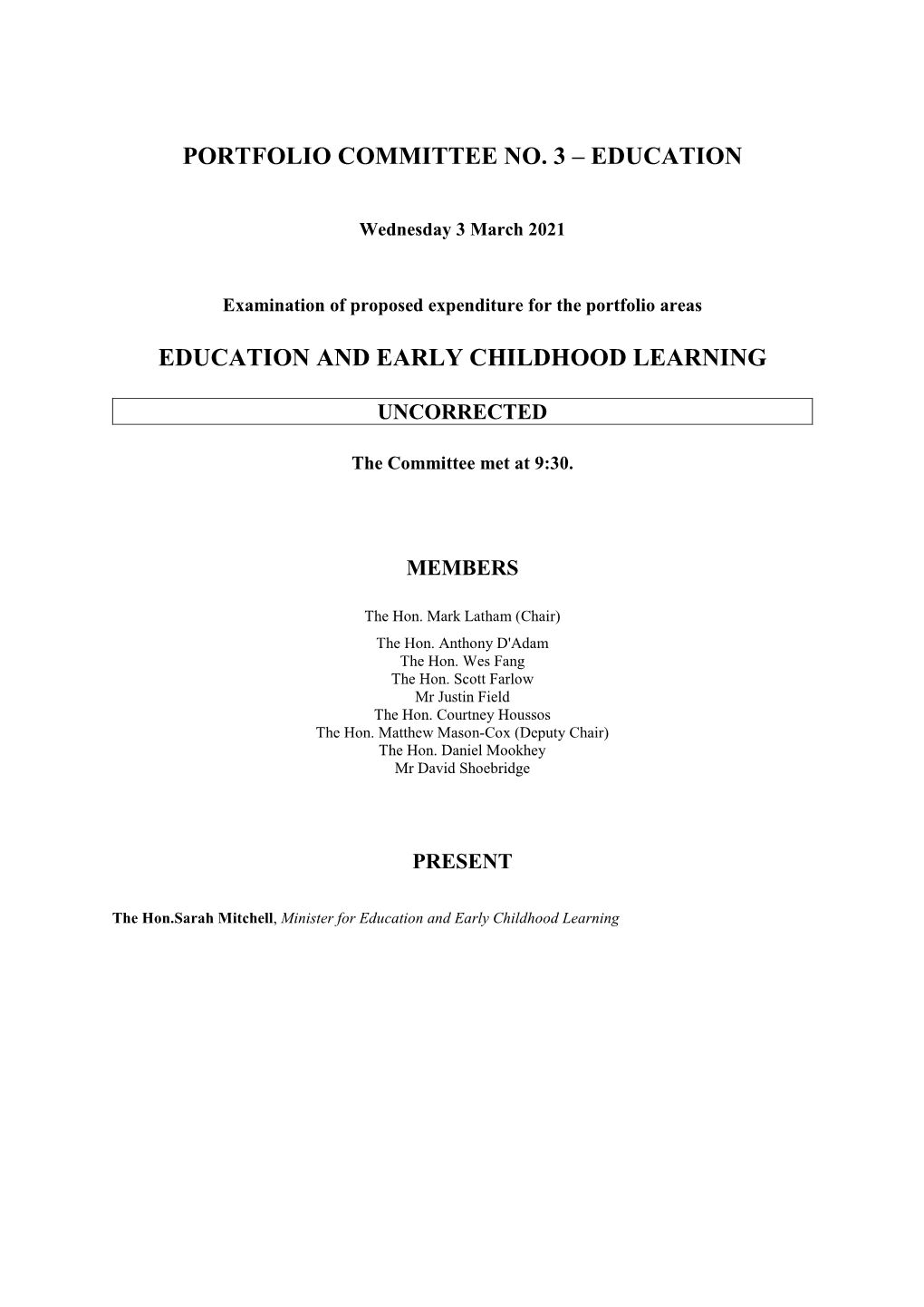 Portfolio Committee No. 3 – Education