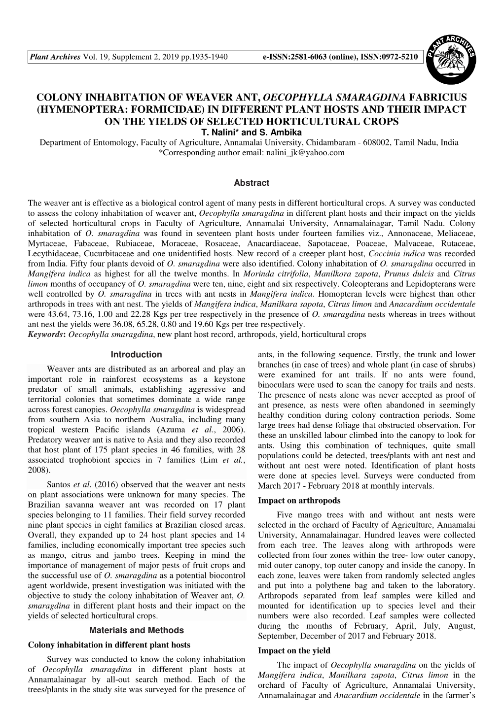 Colony Inhabitation of Weaver Ant