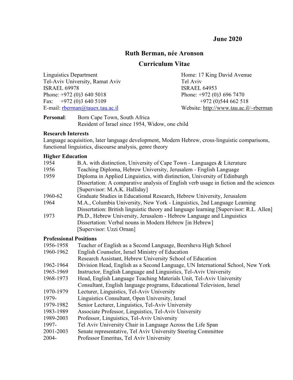 June 2020 Ruth Berman, Née Aronson Curriculum Vitae