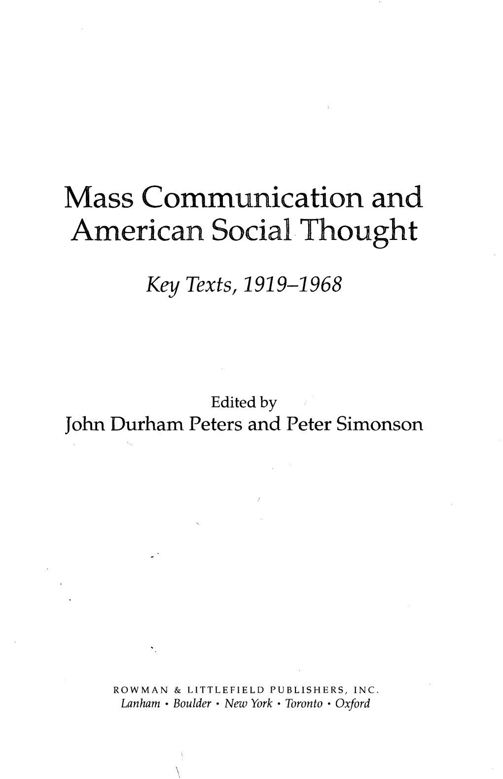 Mass Communication and American Social Thought