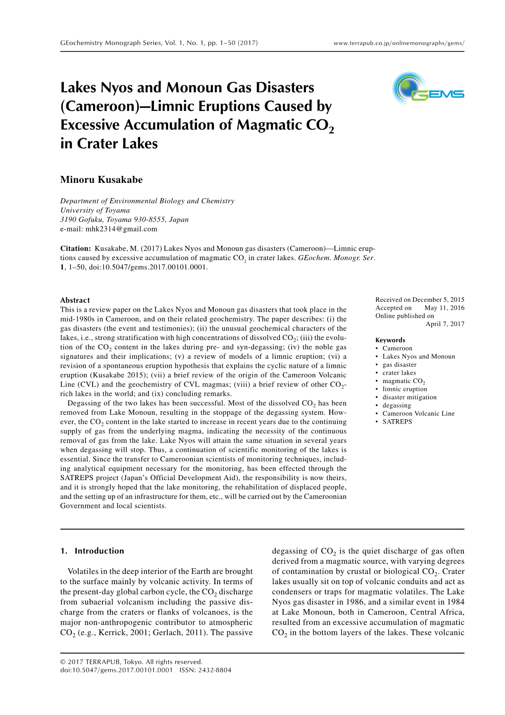 Lakes Nyos and Monoun Gas Disasters (Cameroon)—Limnic Eruptions Caused By