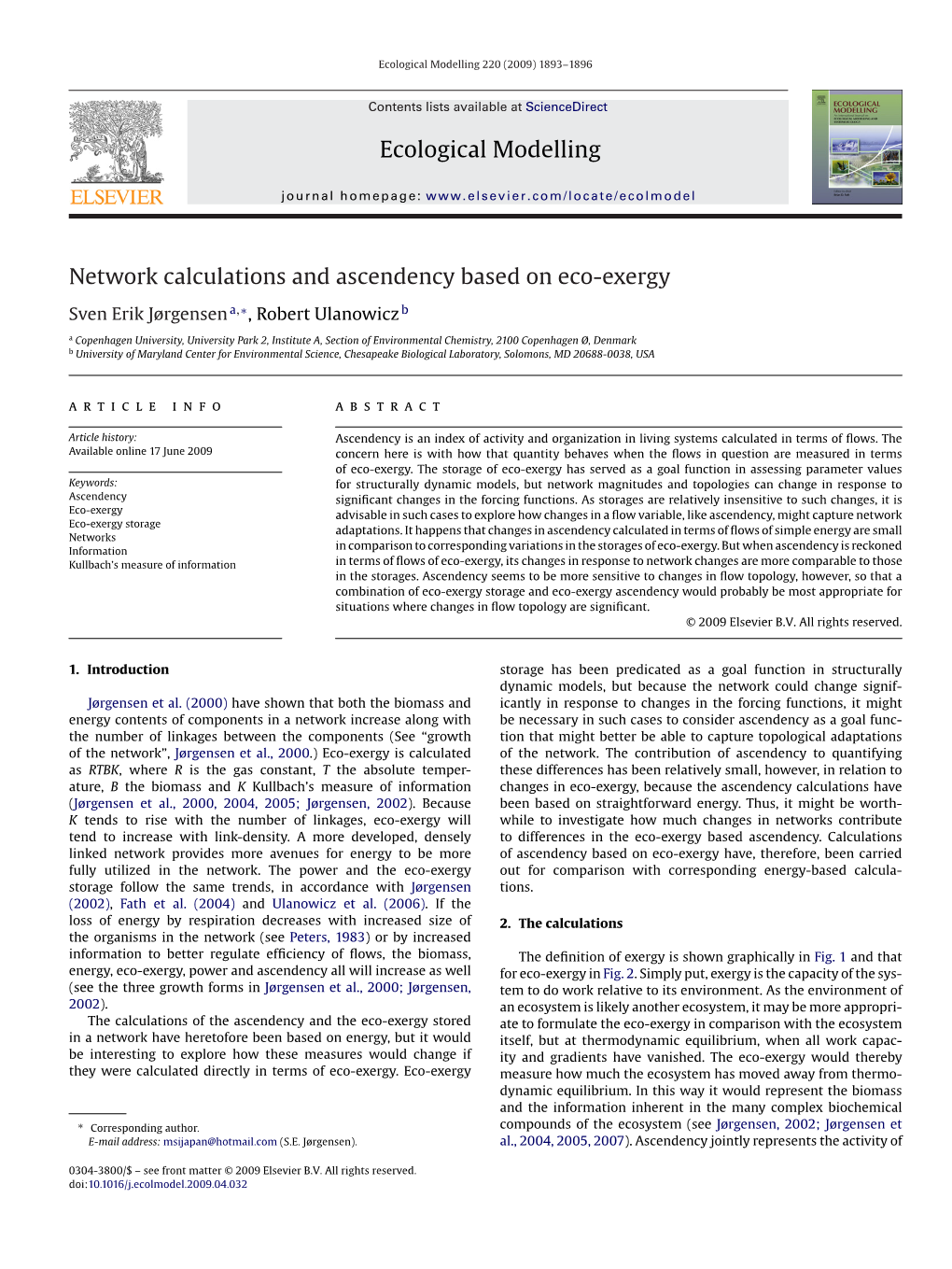 Ecological Modelling Network Calculations and Ascendency Based