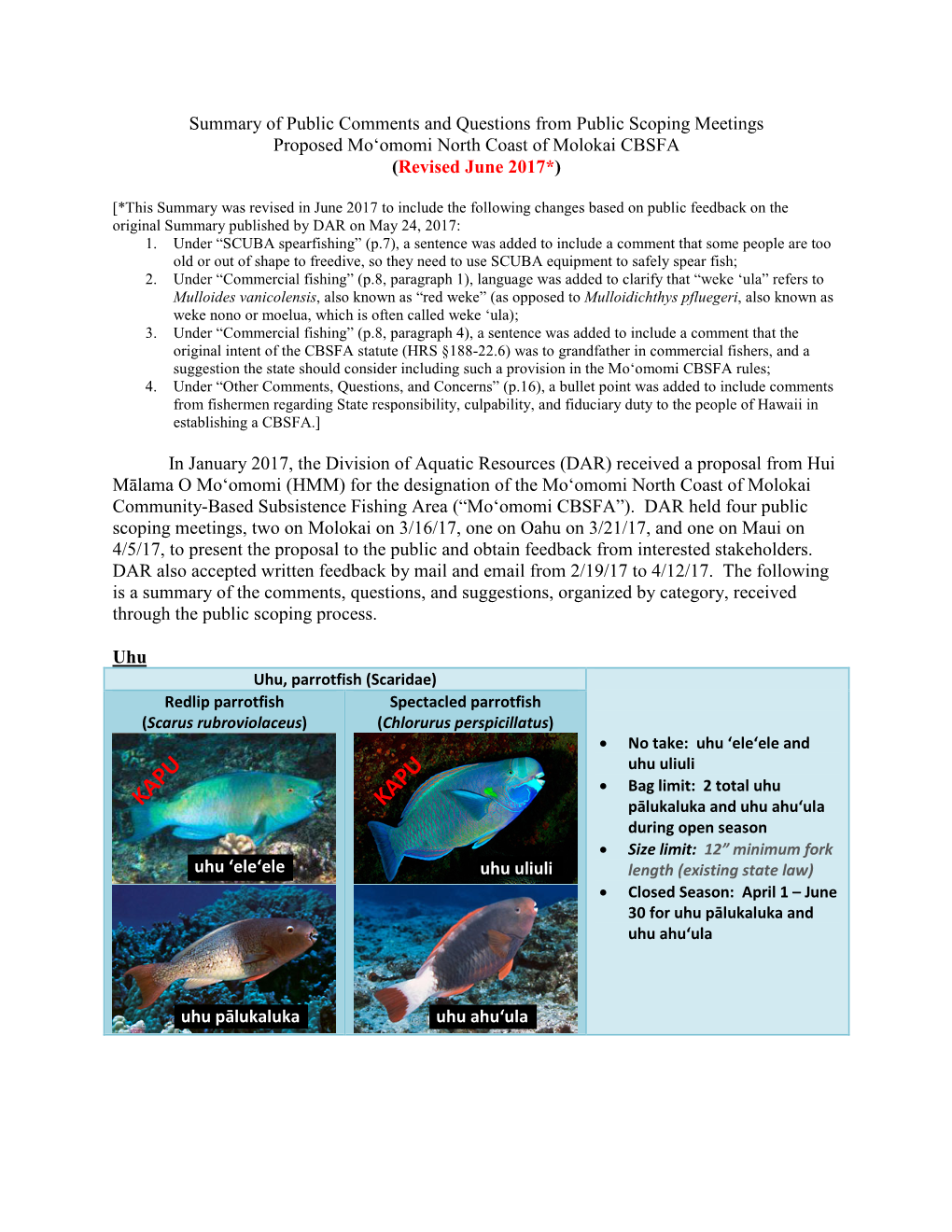 Summary of Public Comments and Questions from Public Scoping Meetings Proposed Mo‘Omomi North Coast of Molokai CBSFA (Revised June 2017*)