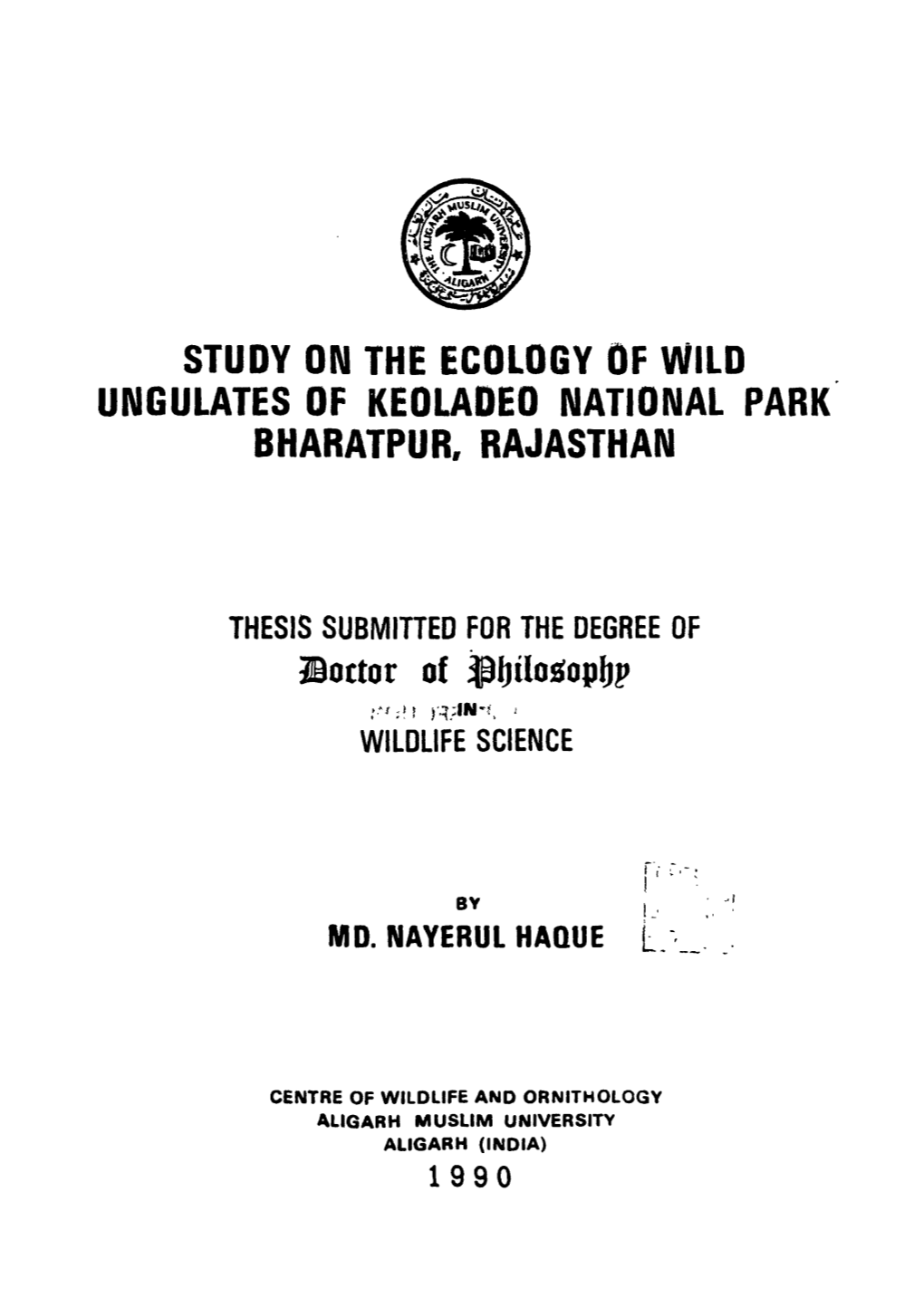 Study on the Ecology of Wild Ungulates of Keoladeo National Park Bharatpur, Rajasthan