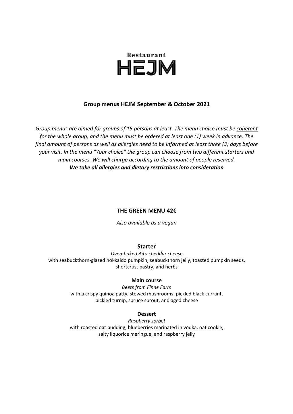 Group Menus HEJM September & October 2021 the GREEN MENU