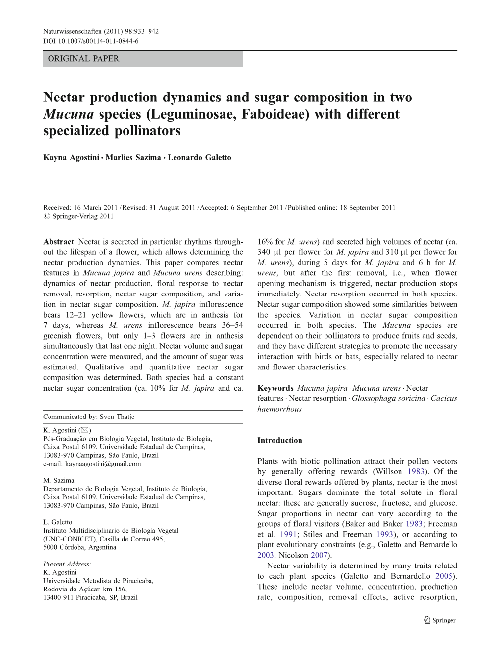 Nectar Production Dynamics and Sugar Composition in Two Mucuna Species (Leguminosae, Faboideae) with Different Specialized Pollinators