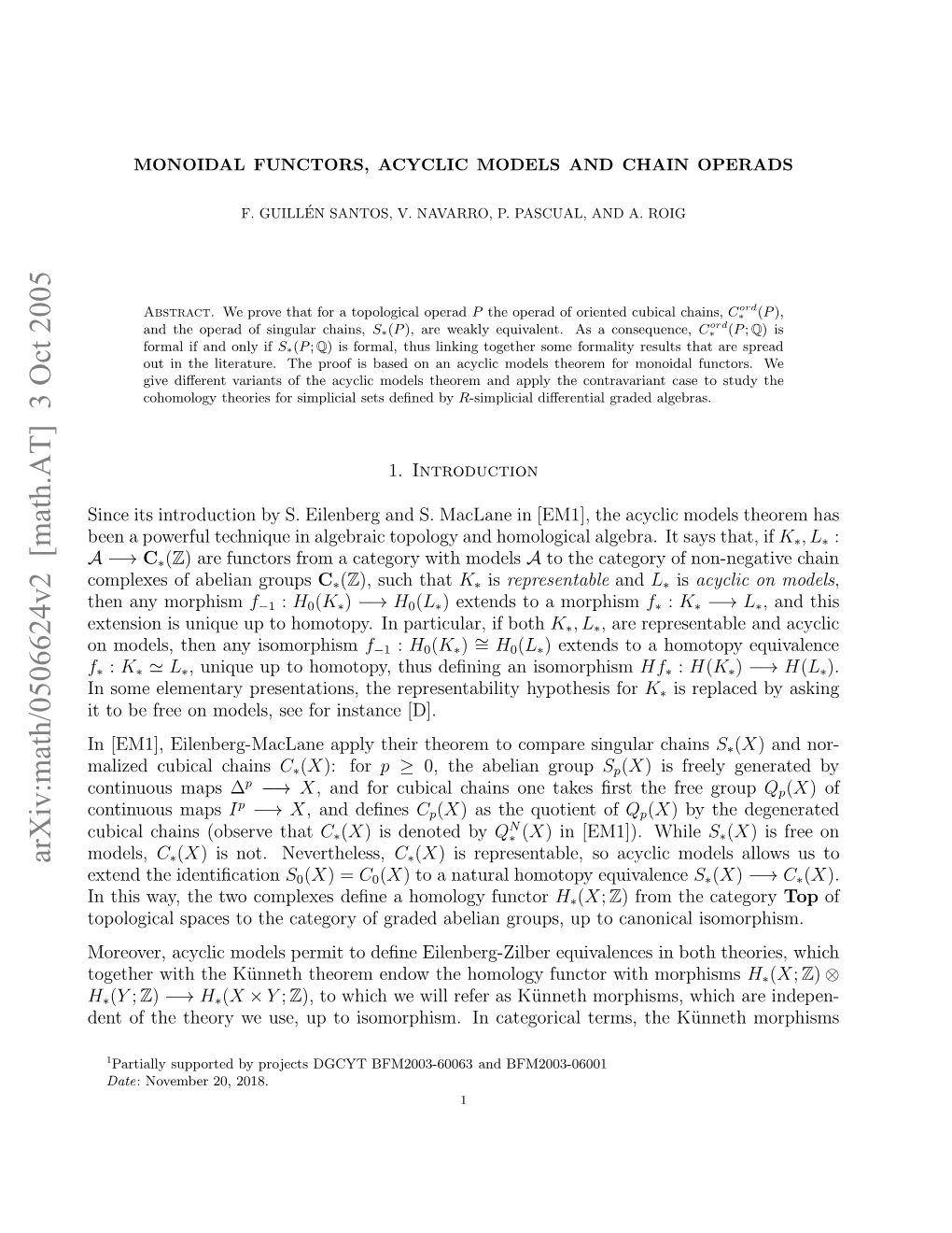 [Math.AT] 3 Oct 2005 Enapwru Ehiu Nagbactplg N Oooia Alge Acyc Homological the and [EM1], Topology in Algebraic in Maclane Technique S