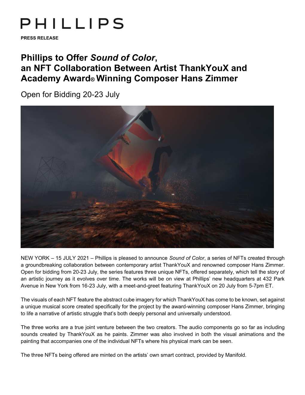 Phillips to Offer Sound of Color, an NFT Collaboration Between Artist Thankyoux and Academy Award® Winning Composer Hans Zimmer