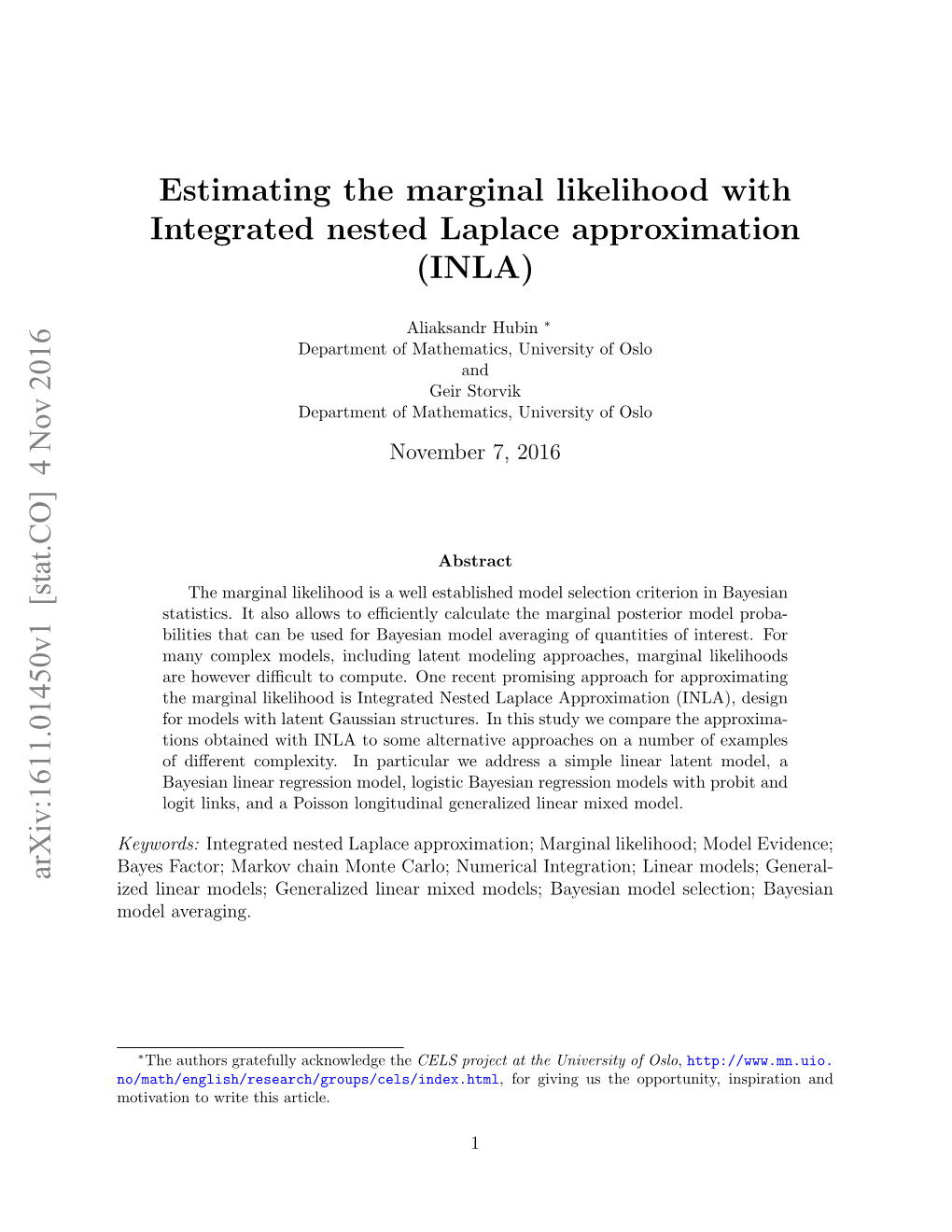 Estimating the Marginal Likelihood with Integrated Nested Laplace Approximation (INLA)