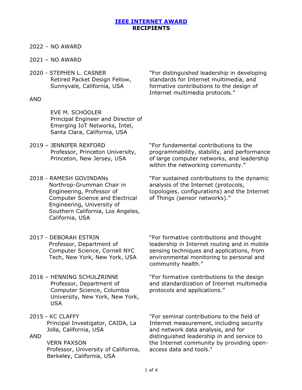 Ieee Internet Award Recipients