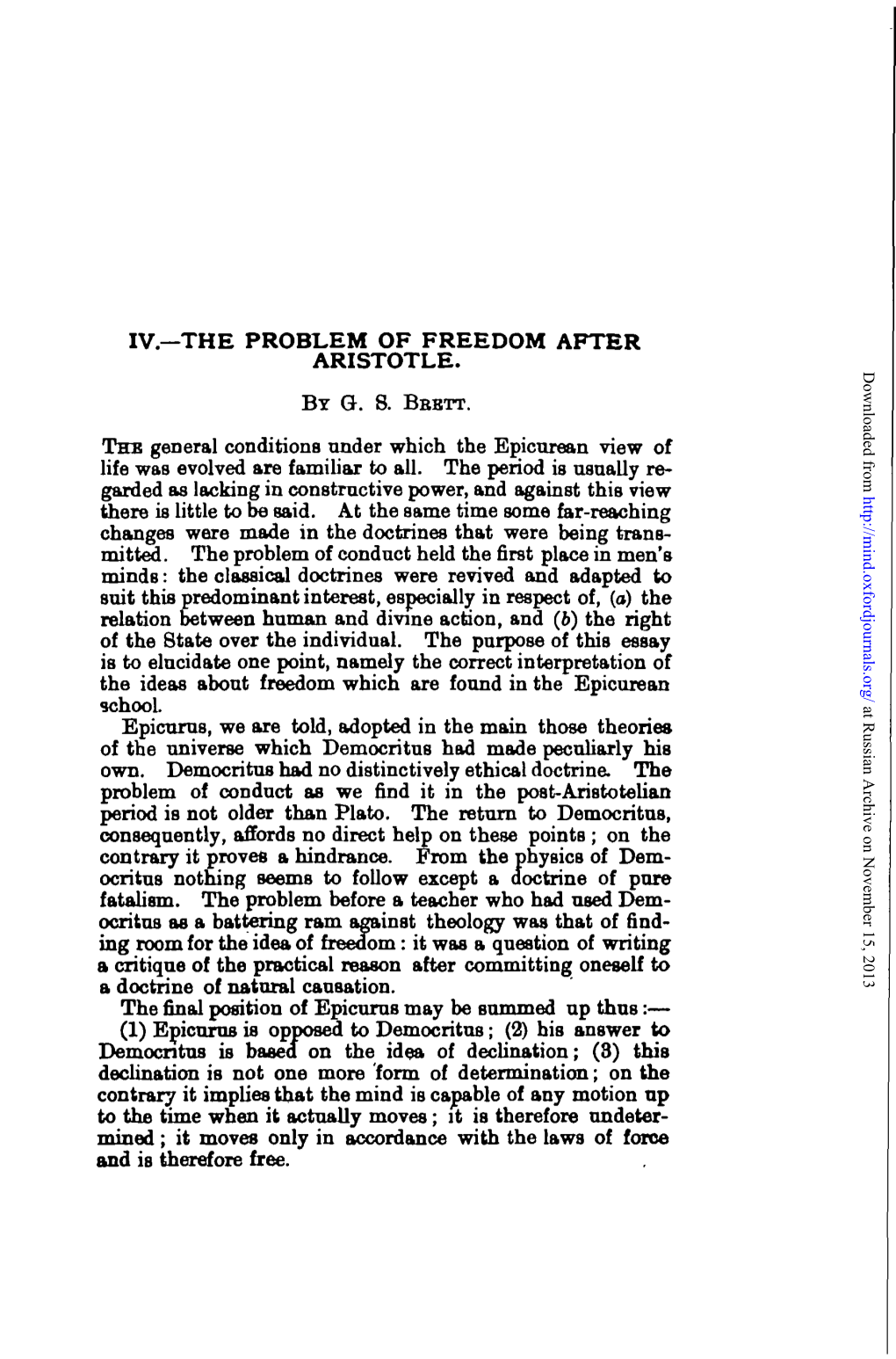 Iv—The Problem of Freedom After Aristotle. Thb