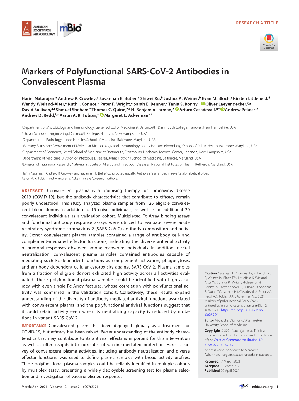 Markers of Polyfunctional SARS-Cov-2 Antibodies in Convalescent Plasma