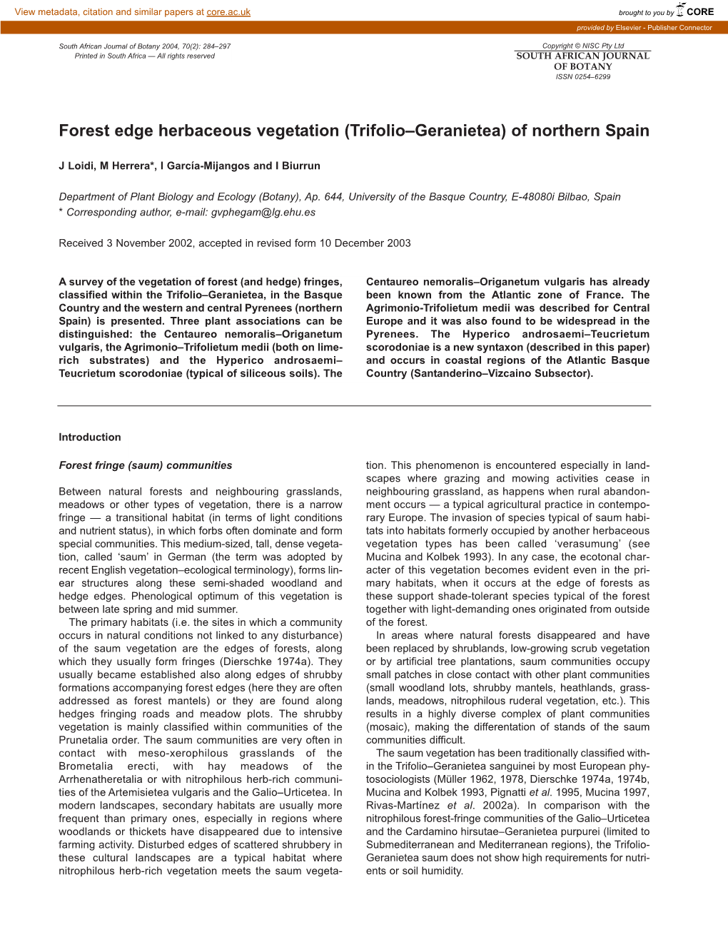 Forest Edge Herbaceous Vegetation (Trifolio–Geranietea) of Northern Spain