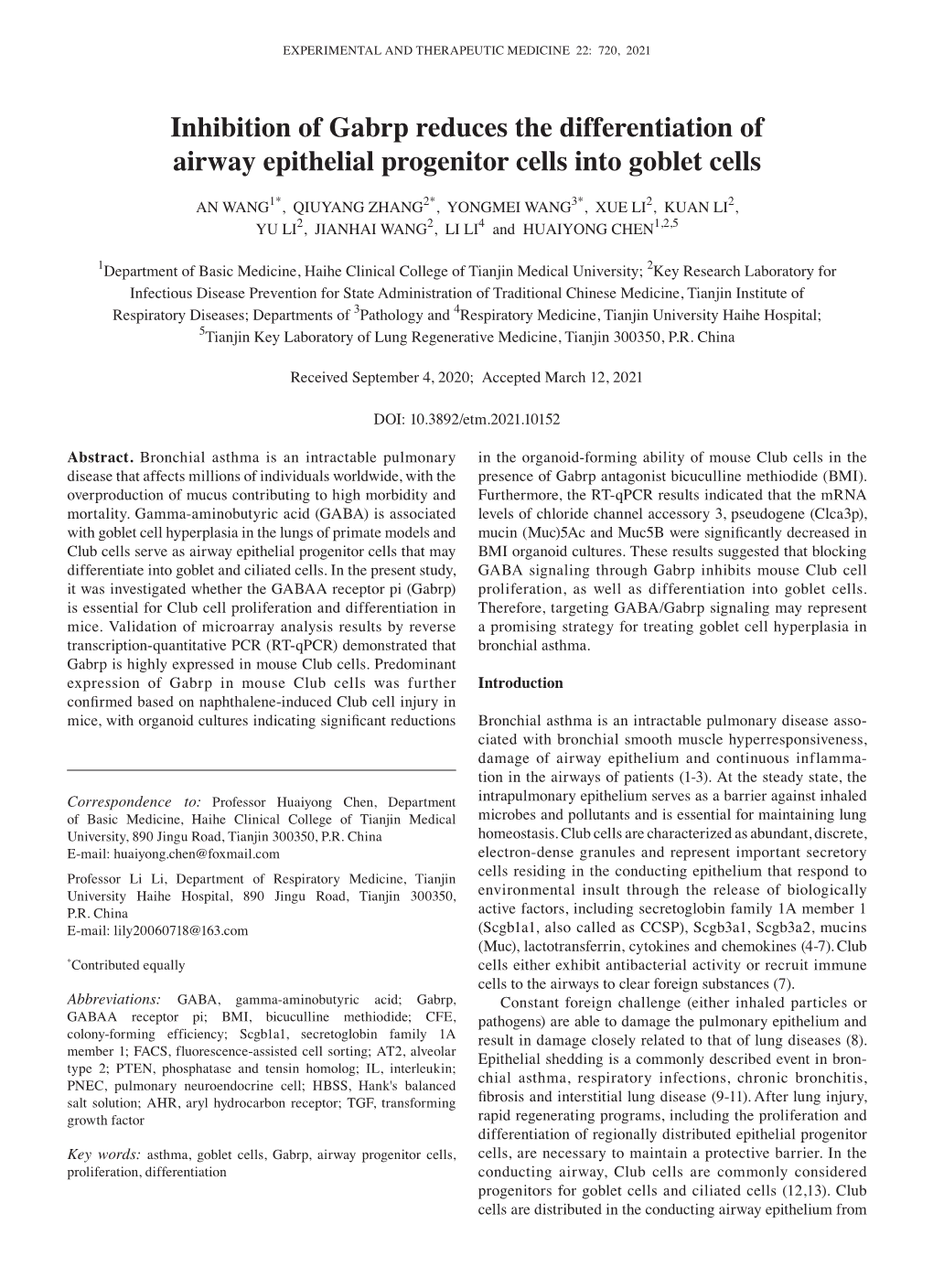 Inhibition of Gabrp Reduces the Differentiation of Airway Epithelial Progenitor Cells Into Goblet Cells