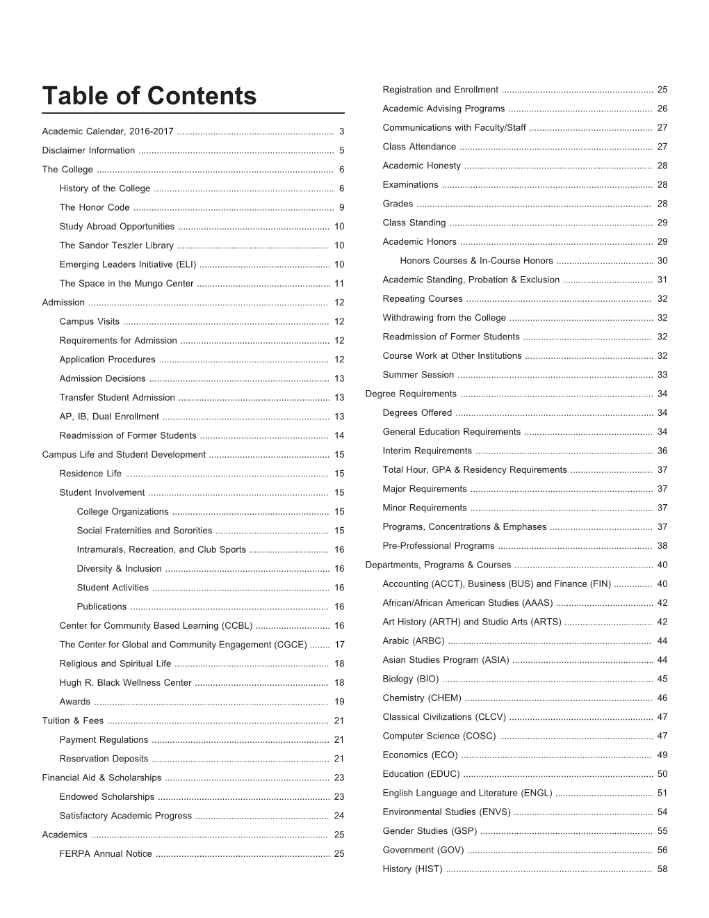 Table of Contents Academic Advising Programs