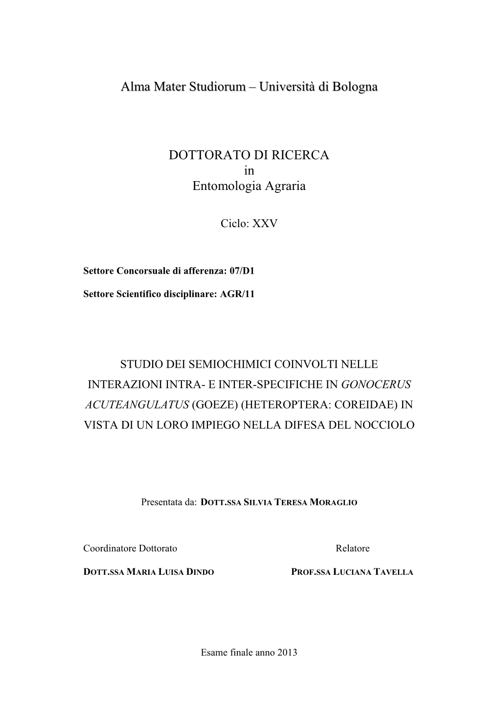 Università Di Bologna DOTTORATO DI RICERCA In