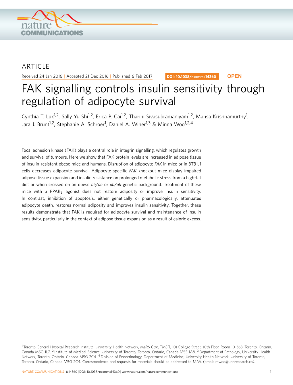 FAK Signalling Controls Insulin Sensitivity Through Regulation of Adipocyte Survival