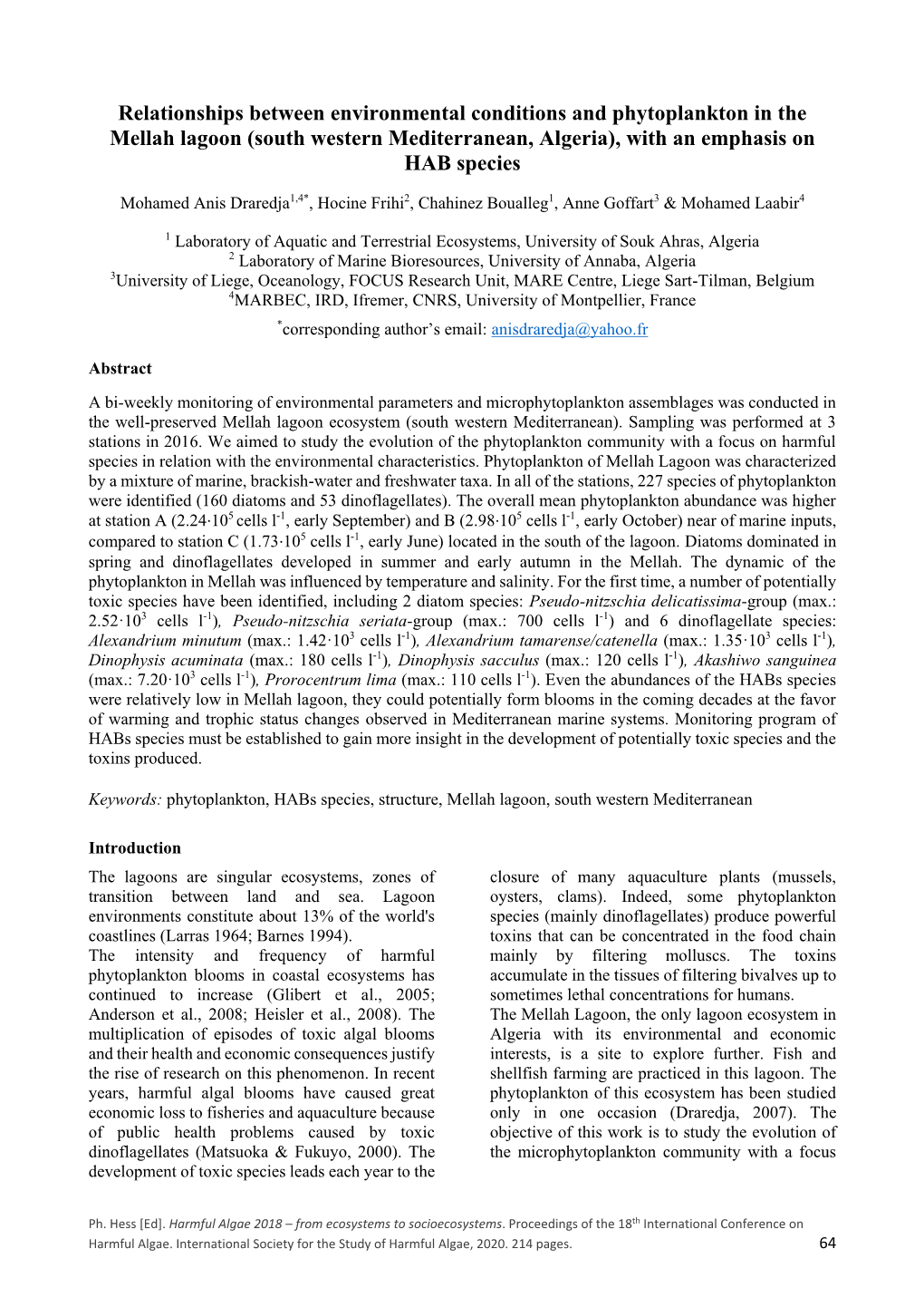 Proceedings of the 18Th International Conference on Harmful Algae