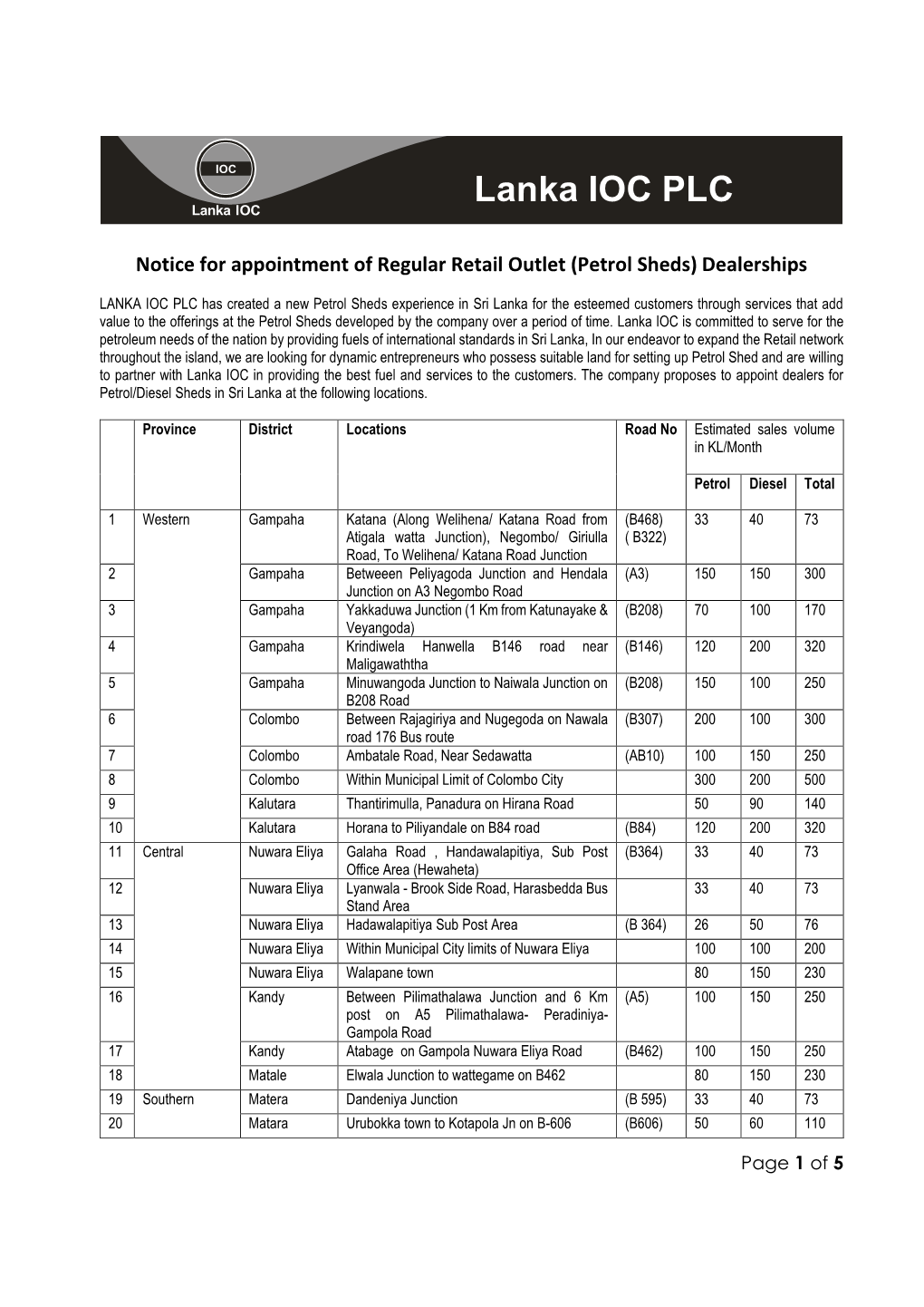 Appointment of Regular Retail Outlet (Petrol Sheds) Dealerships