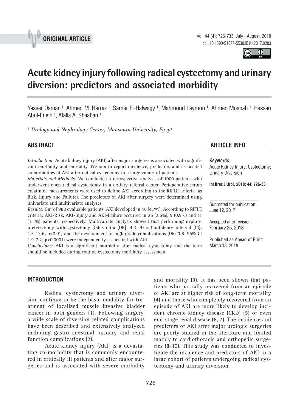 Acute Kidney Injury Following Radical Cystectomy and Urinary Diversion: Predictors and Associated Morbidity ______